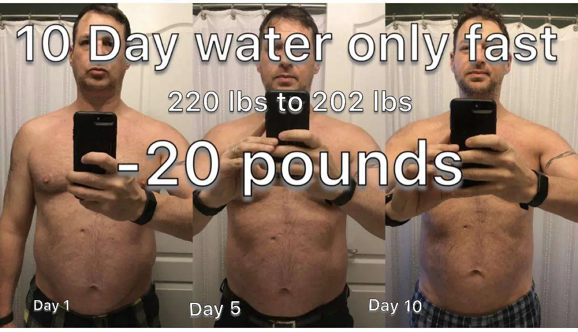 10 day water fast only resultsâ¦ From 222 pounds to 202 pounds. Total 20 ...