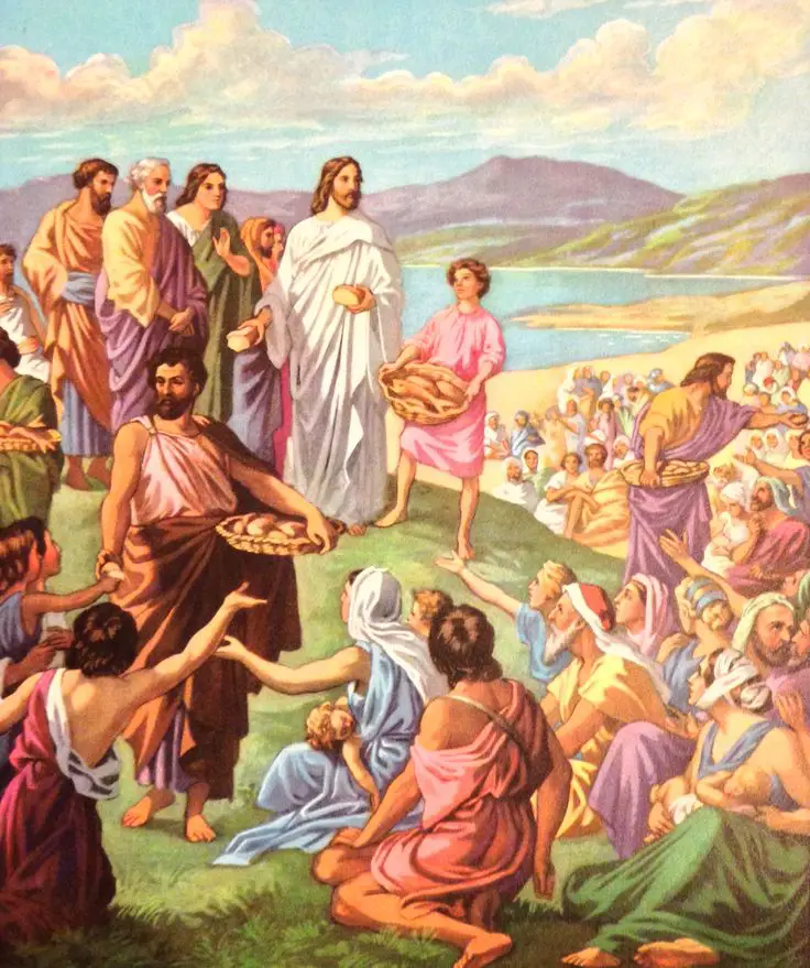Jesus feeds 5,000 people with 5 loaves of bread amd two fish. John 6:1 ...