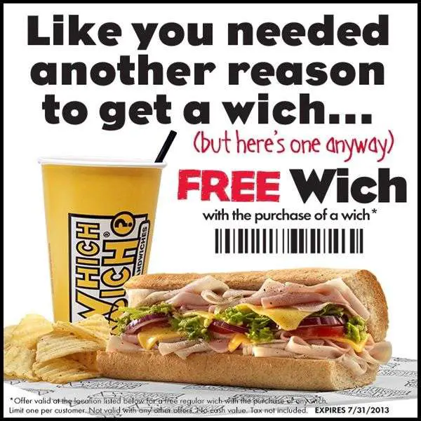 Pinned July 22nd: Second sub sandwich free at Which Wich coupon via The ...