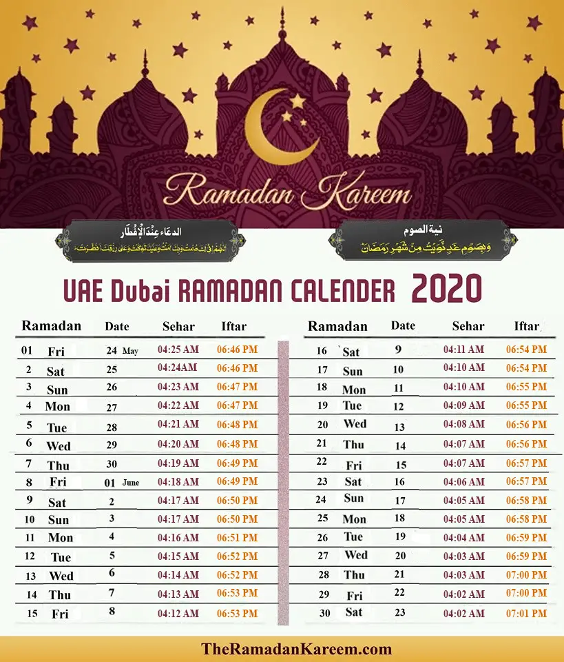 UAE Ramadan Timetable Fasting, Prayer (Sehri Iftari Timing) [2020]