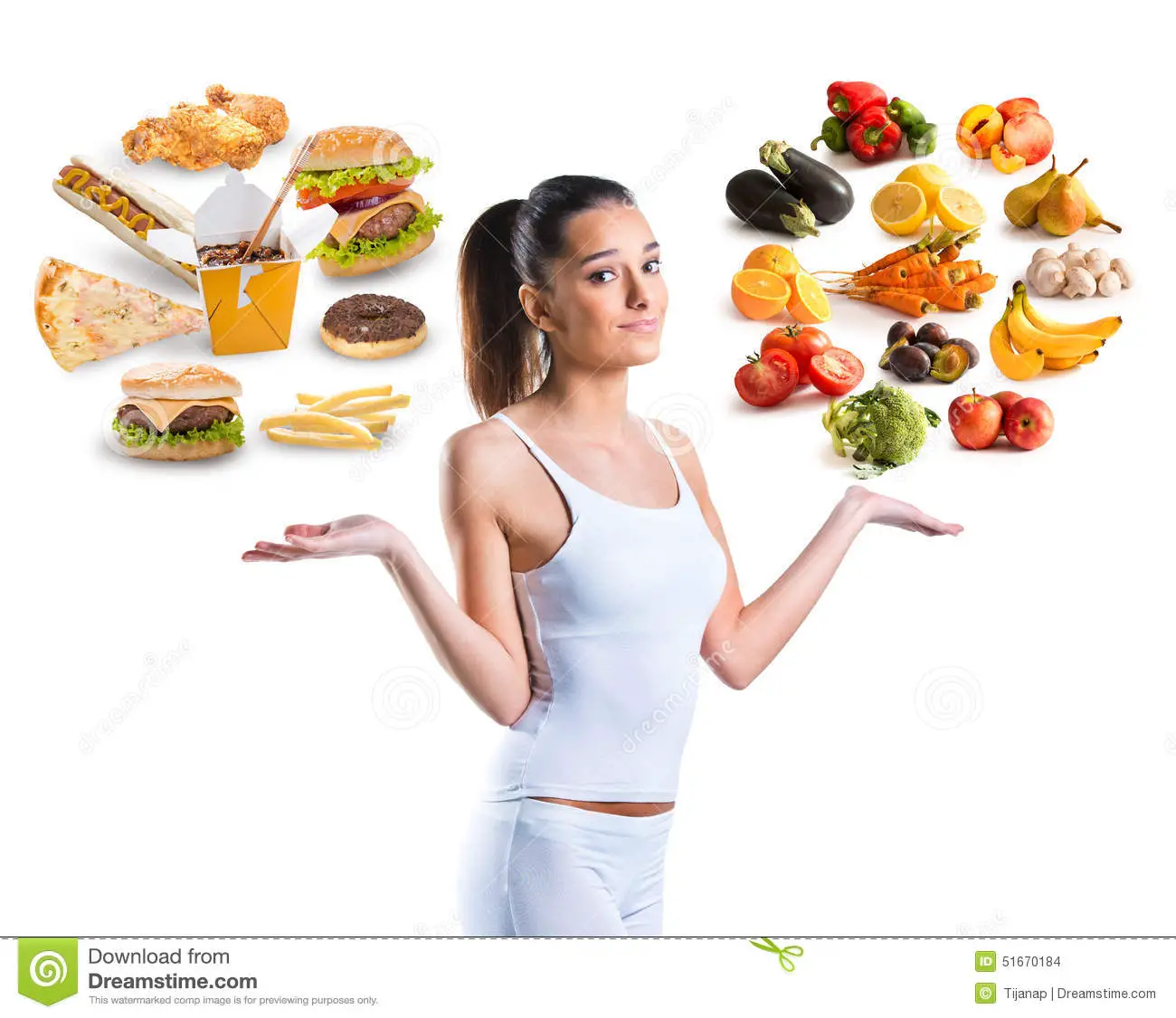 Unhealthy vs healthy food stock photo. Image of choose